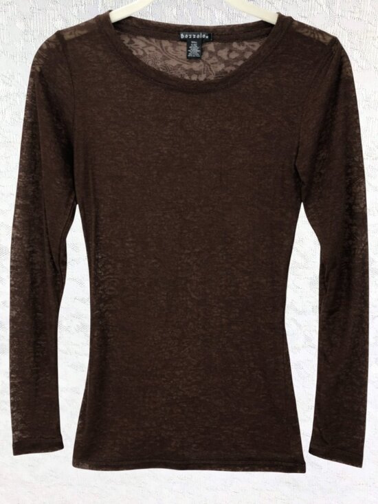 Bozzolo Tops - Bozzolo Brown Sheer Floral Mesh Fitted Long Sleeve Soft Stretch Top Size S NWT